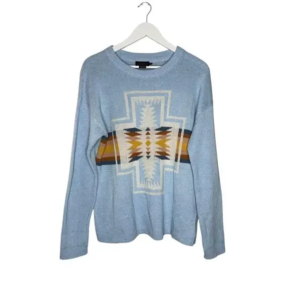 Pendleton Woolen Mills Light Blue Aztec Sweater Top Pullover Cotton Size Medium - Picture 6 of 11